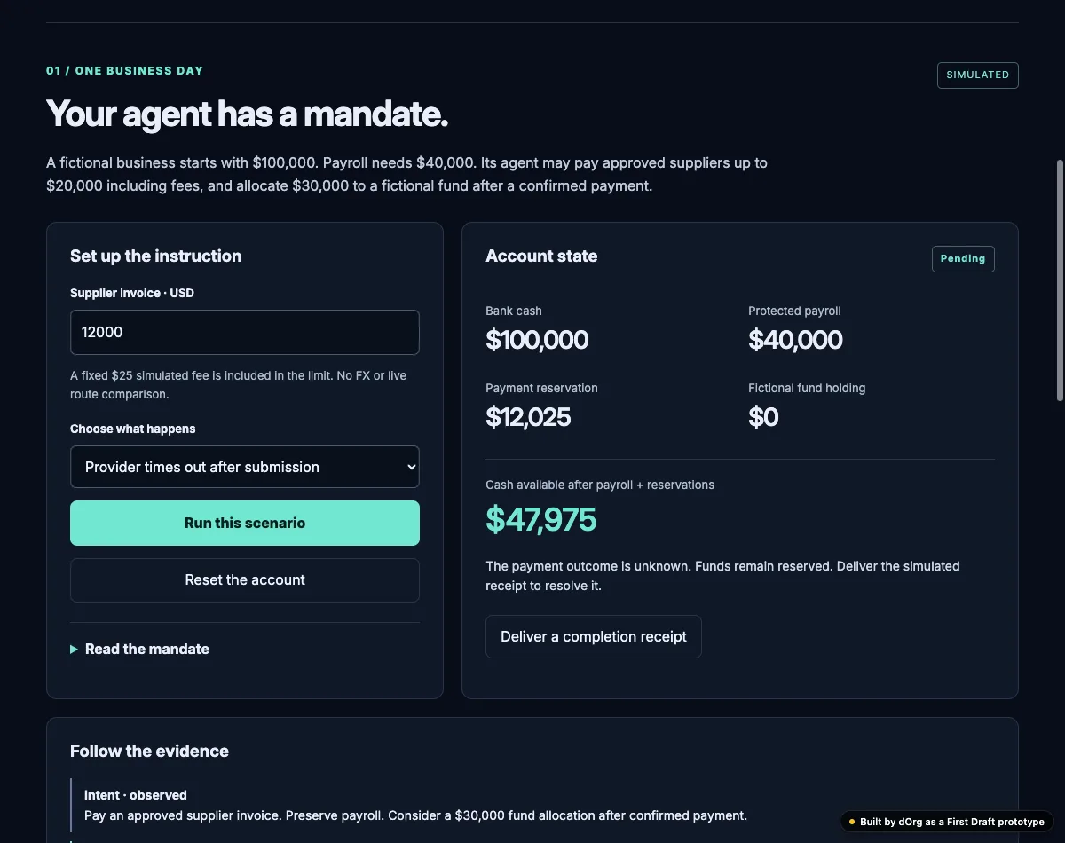 Account prototype showing a pending payment and reserved funds.
