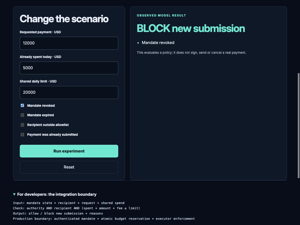 Permission prototype blocking a payment after the mandate is revoked.