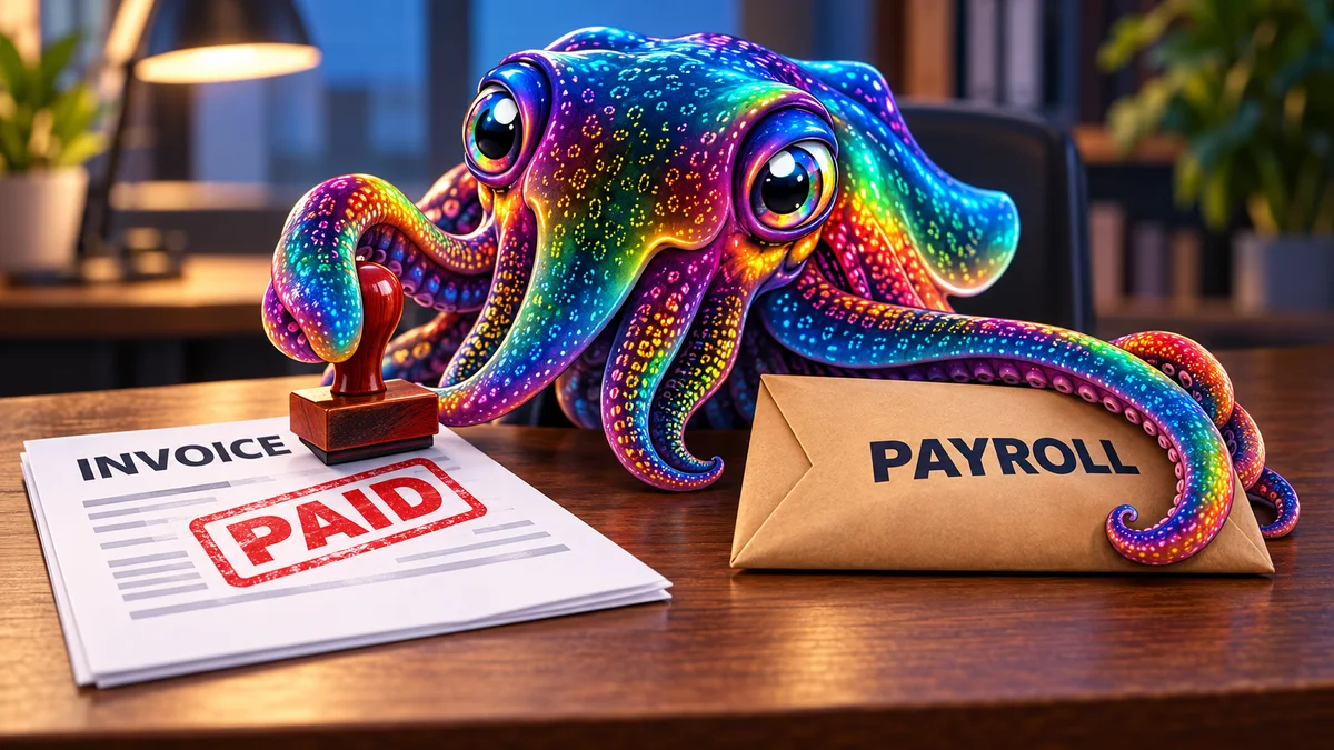 Editorial illustration: the dOrg mascot pays a supplier invoice while protecting a payroll envelope.