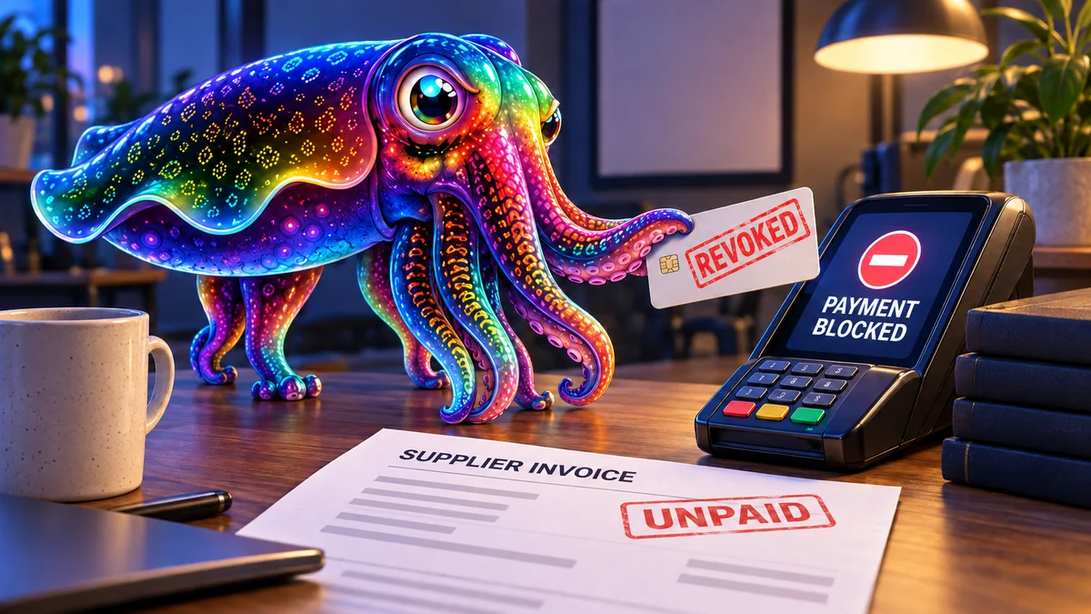 Editorial illustration: a revoked authorisation blocks a payment, leaving the supplier invoice unpaid.