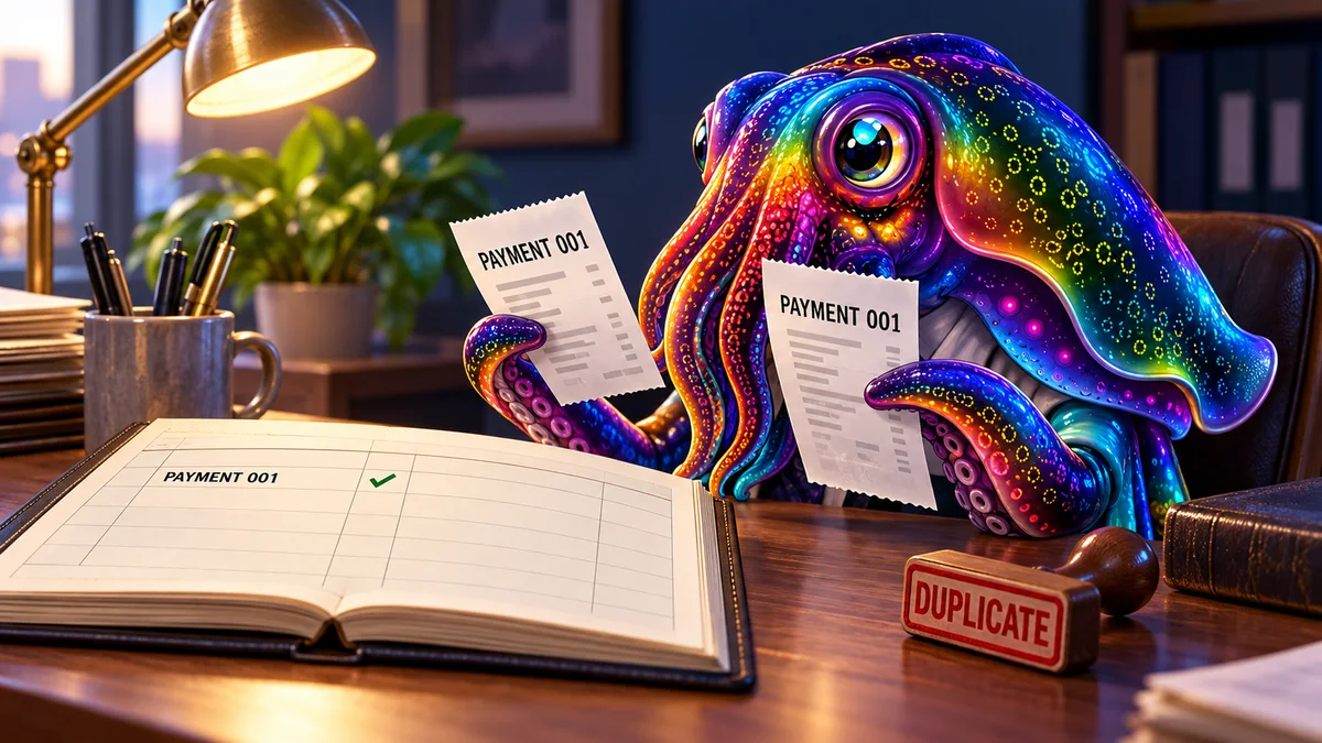 Editorial illustration: the dOrg mascot compares two receipts for payment 001 with a single entry in the ledger.