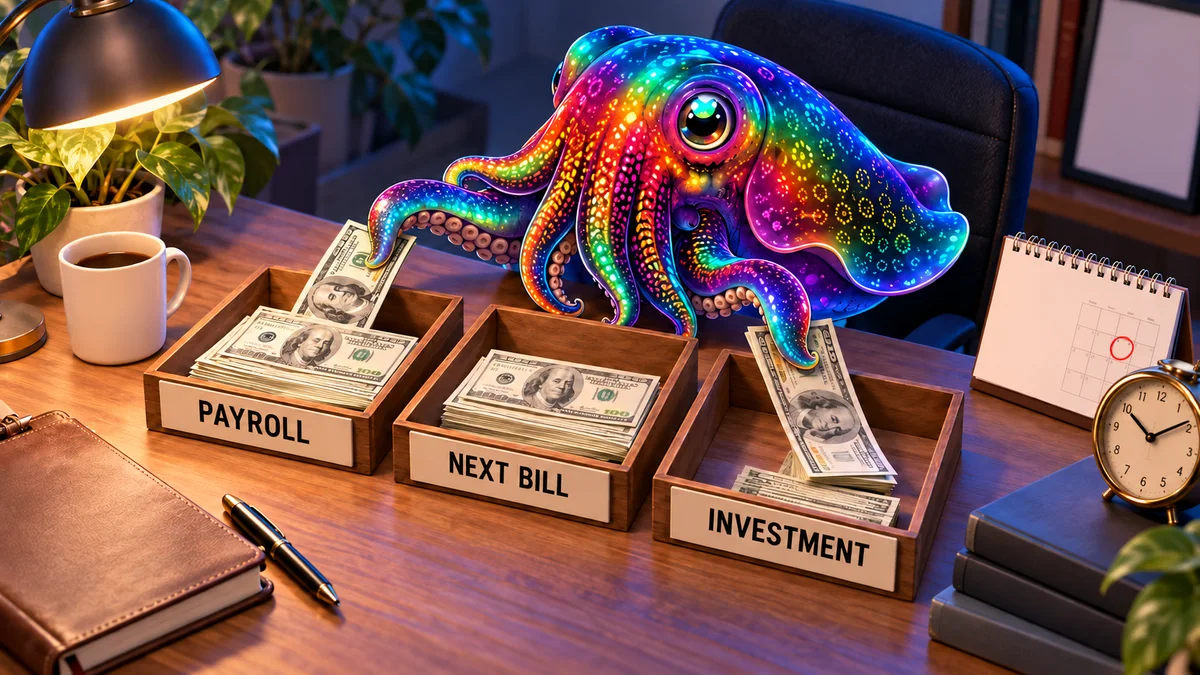 Editorial illustration: the dOrg mascot separates money for payroll, the next bill and investment beside a calendar and clock.